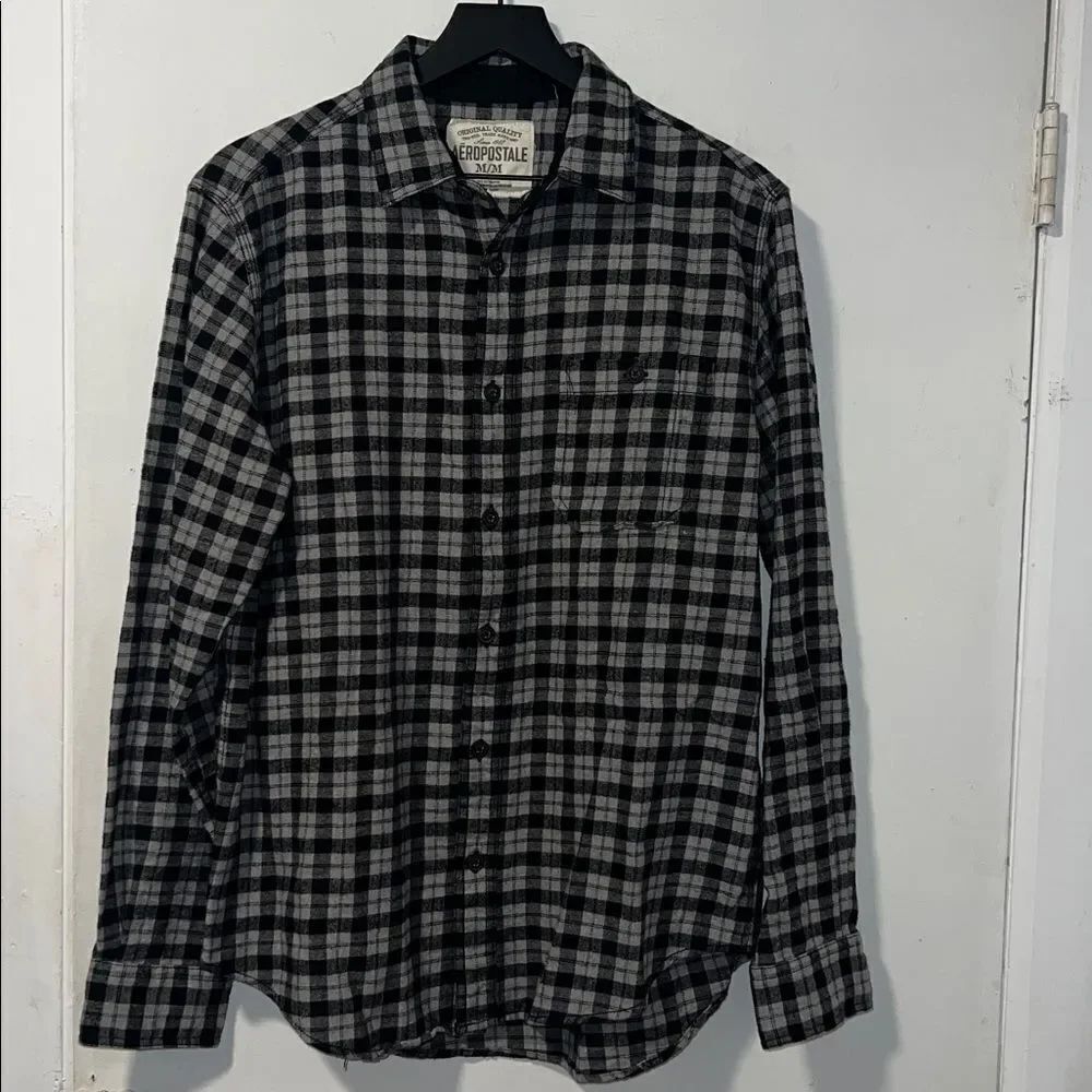 AEROPOSTALE Black and Grey Micro Buffalo Check Flannel Shirt-M NWOT